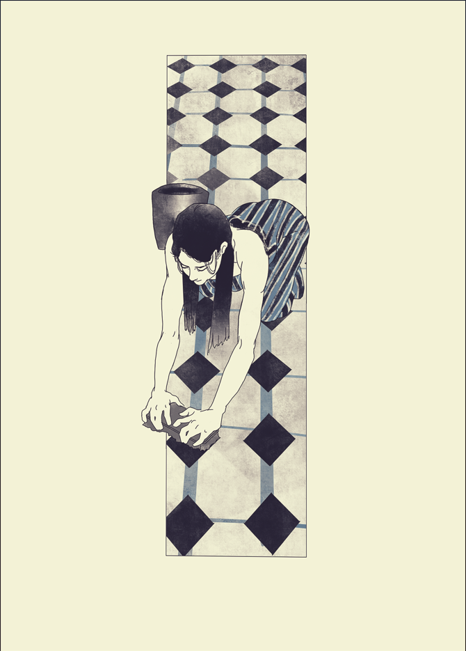 “The Floor Scrubber” Japanese-Inspired Impressionist Fine Art Print