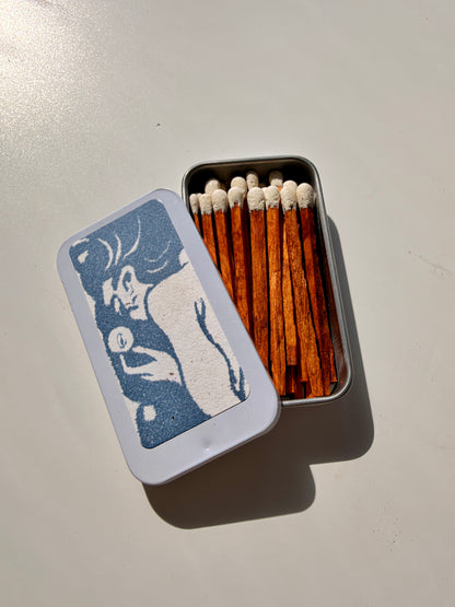 Refillable Match Tin with retro linocut print