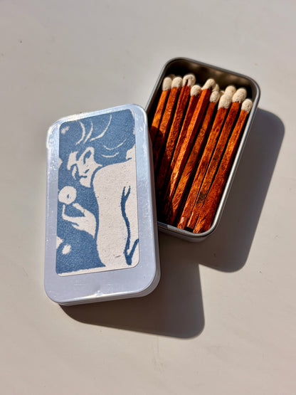 Refillable Match Tin with retro linocut print