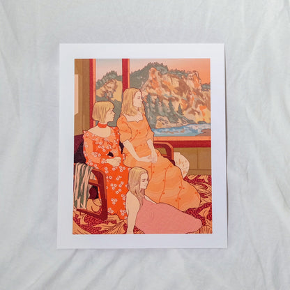 Illustration of three women in orange dresses sitting together with a scenic view outside.