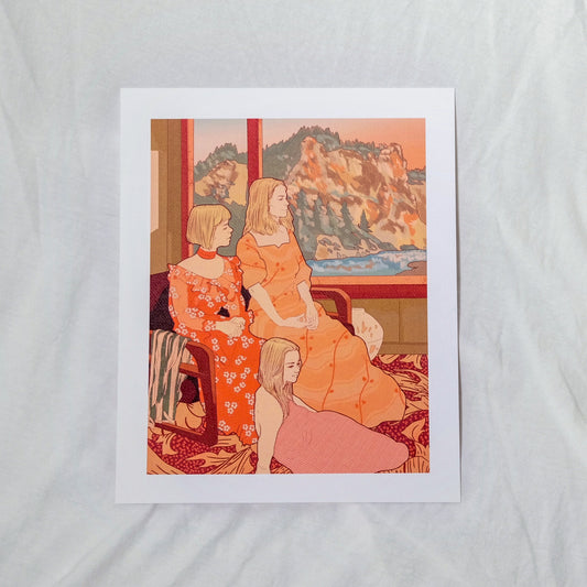 Illustration of three women in orange dresses sitting together with a scenic view outside.