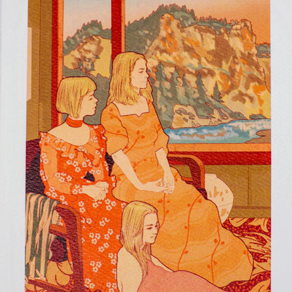 Three women sitting together with a scenic painting in the background