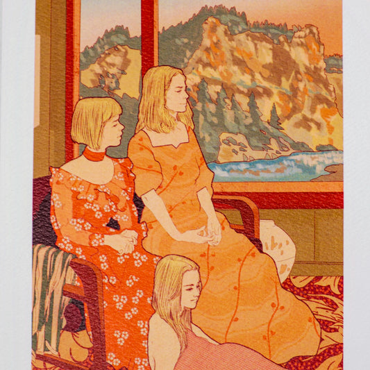 Three women sitting together with a scenic painting in the background