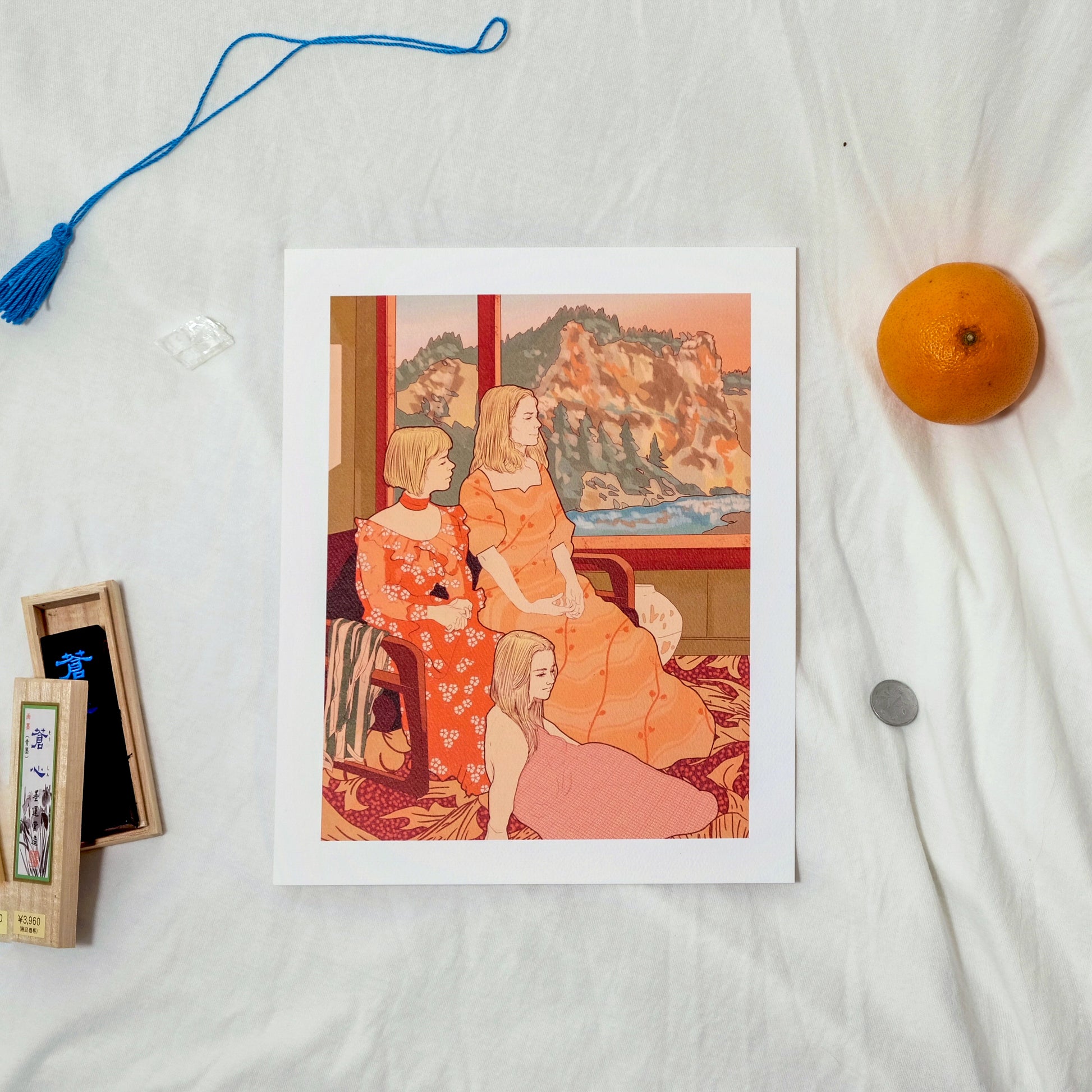 artwork of three women in a room with scenic wall art on a white surface.